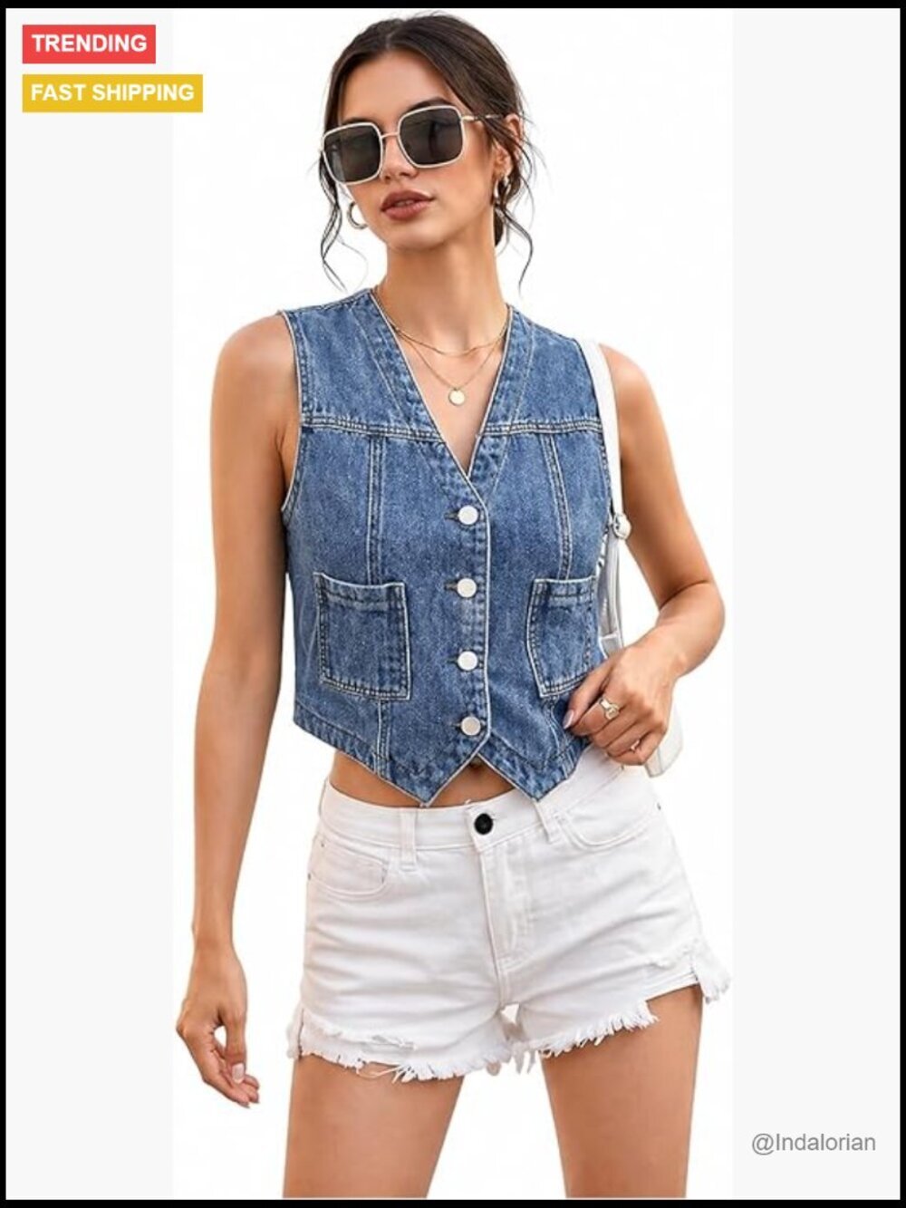 Sleeveless Denim Vest V Neck Cropped Button Down Jean Waistcoat Summer Layering